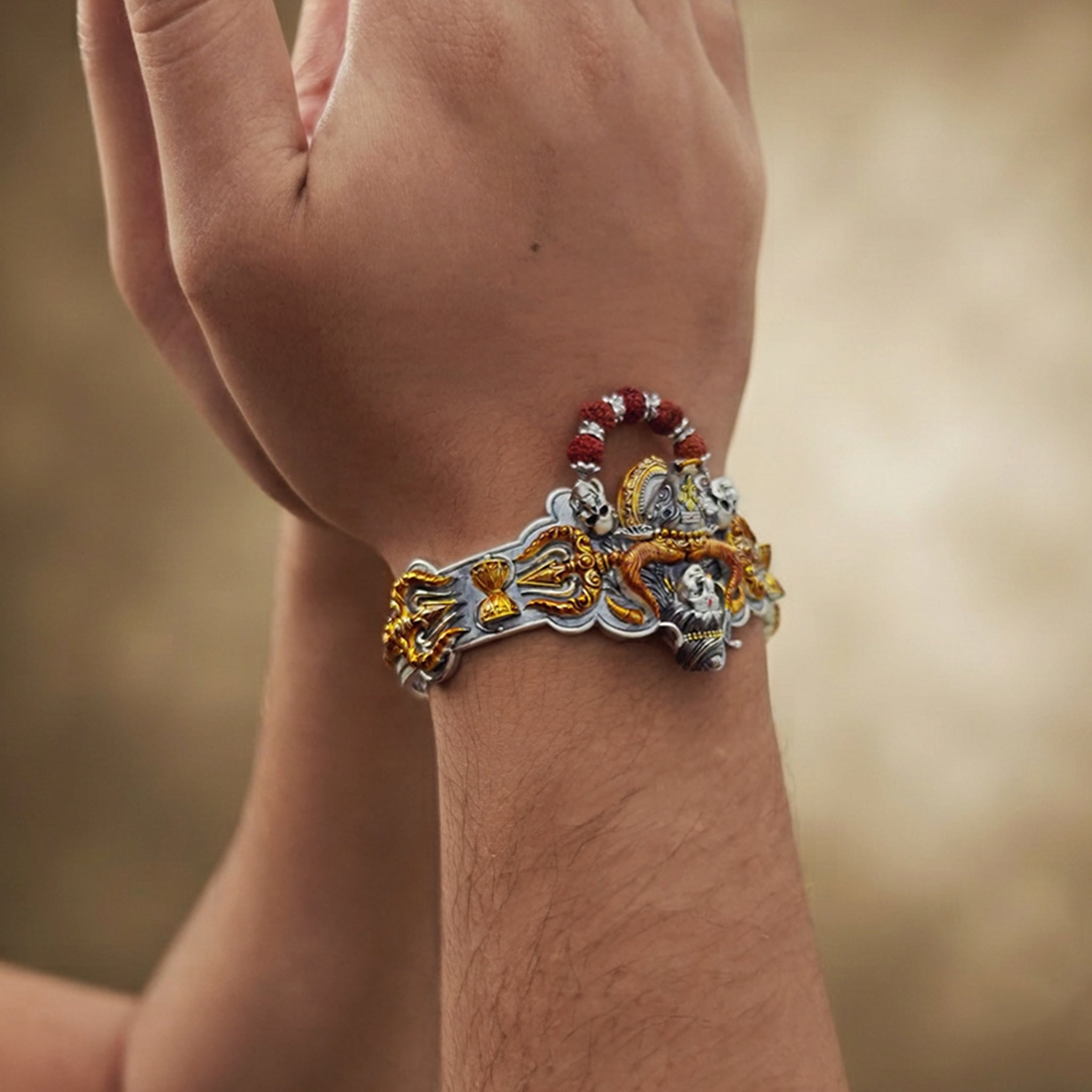Shiv Ji 925 Sterling Silver Antique Finish Kada with Gold Touch-Up and Rudraksha