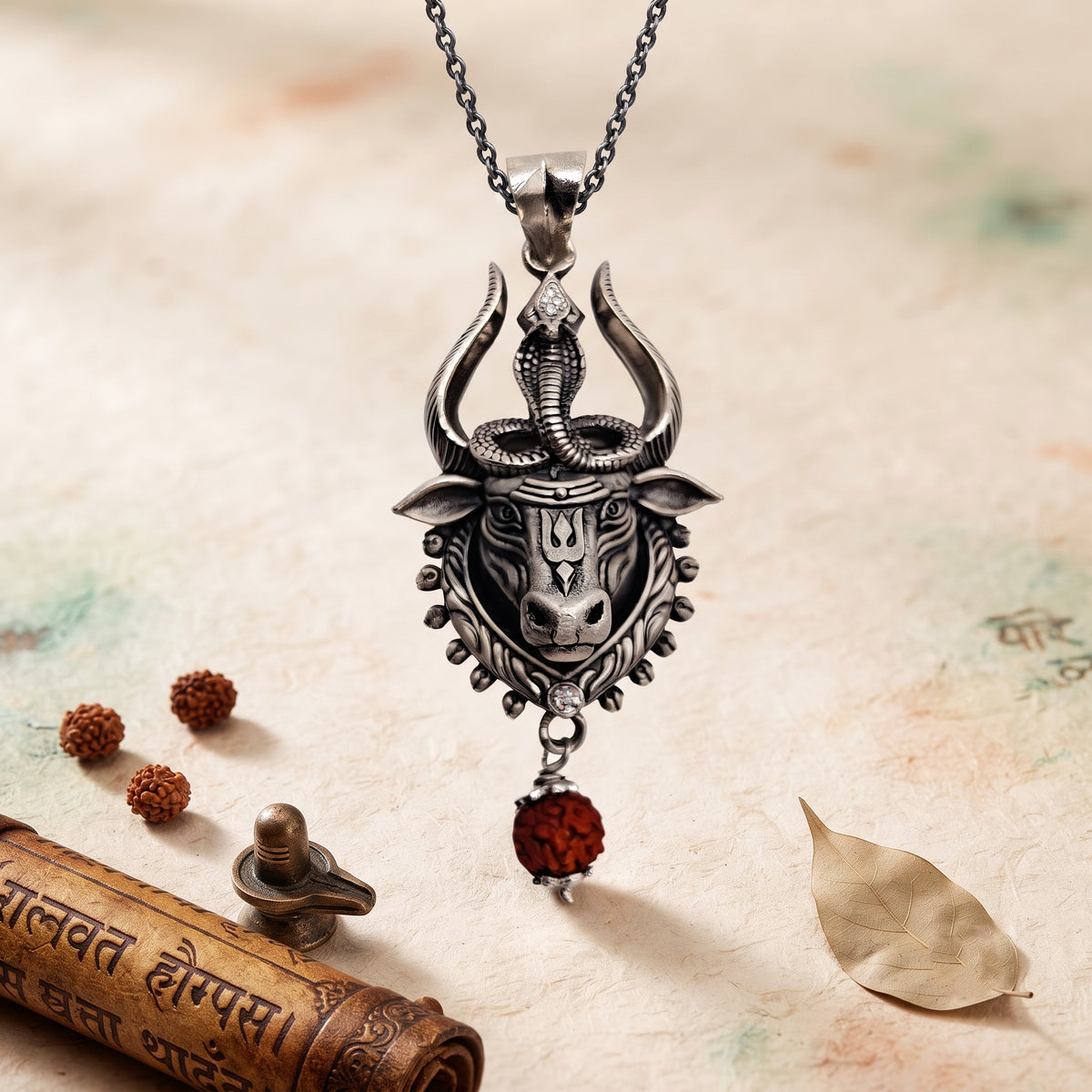 Nandi Ji Nag Dev 925 Silver Pendant | Trishul Horns & Hanging Rudraksha