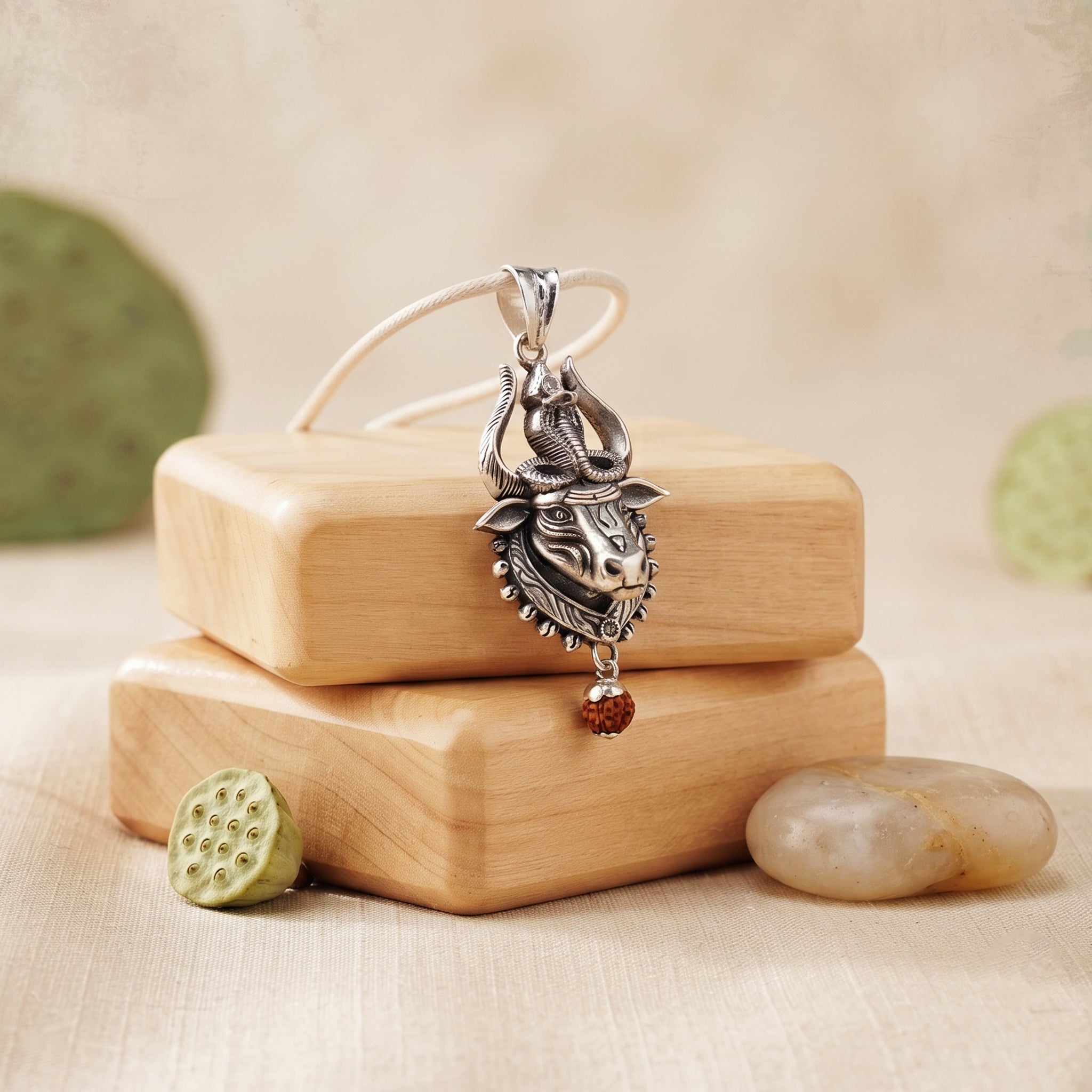 Nandi Ji Nag Dev 925 Silver Pendant | Trishul Horns & Hanging Rudraksha