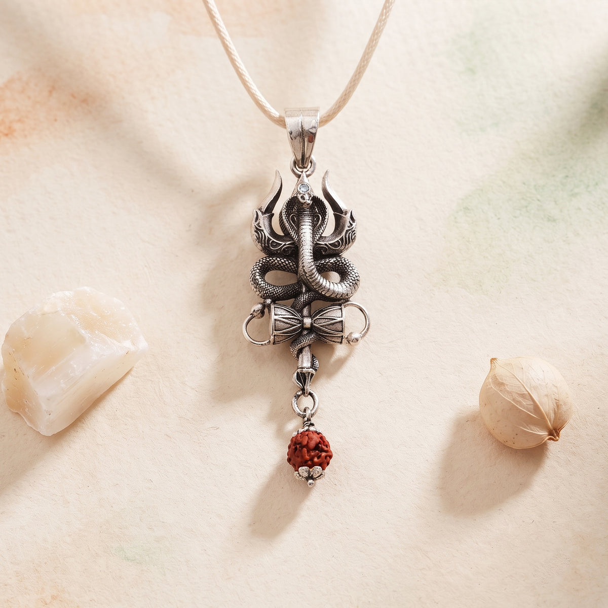 Nag Devta Trishul Damru 925 Silver Pendant | Antique Finish with Hanging Rudraksha