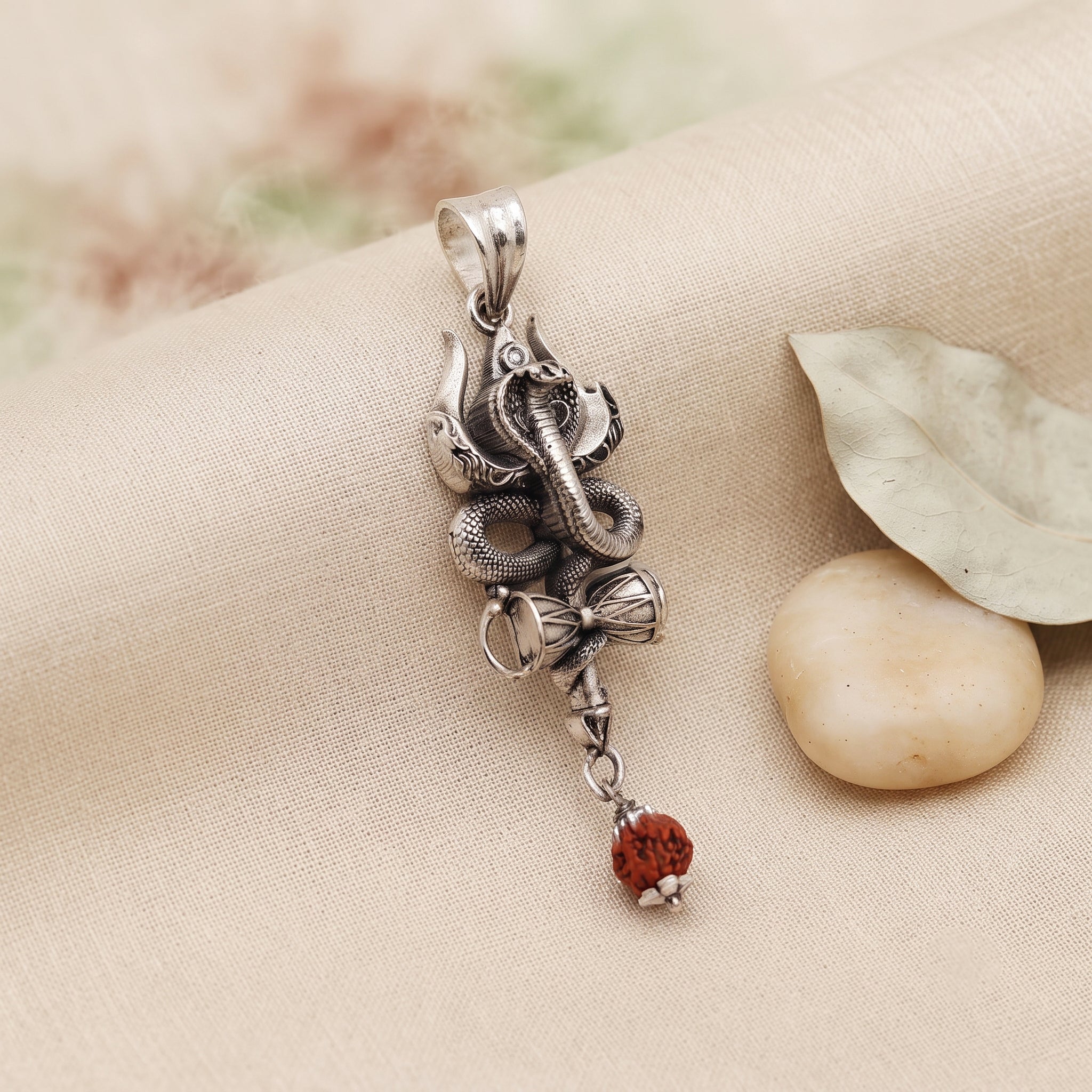 Nag Devta Trishul Damru 925 Silver Pendant | Antique Finish with Hanging Rudraksha